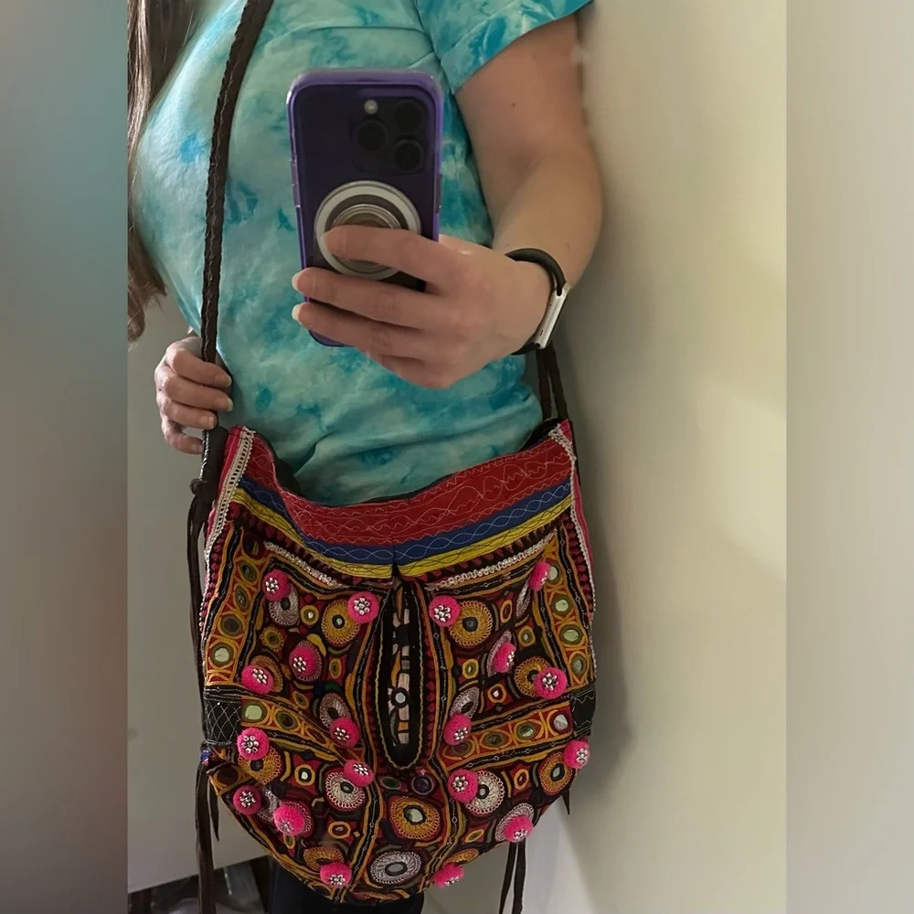 JADEtribe Brigitte Bag one of a kind tribal textile cross body leather strap